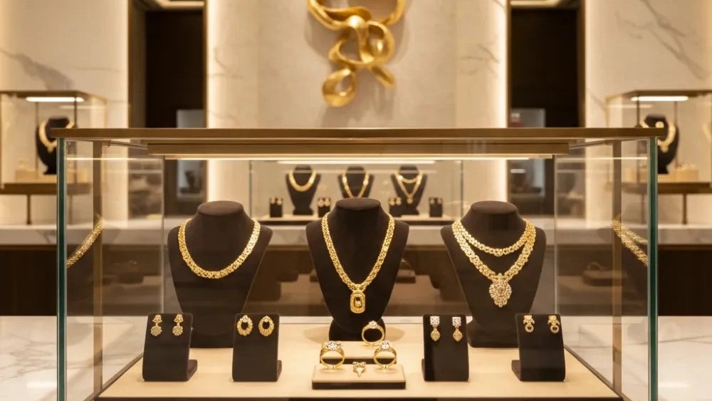 Modern jewelry showcase design with luxury materials Modern jewelry showcase design with luxury materials