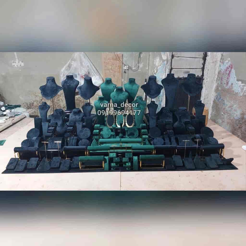 Showcase of gold jewelry, velvet fabric